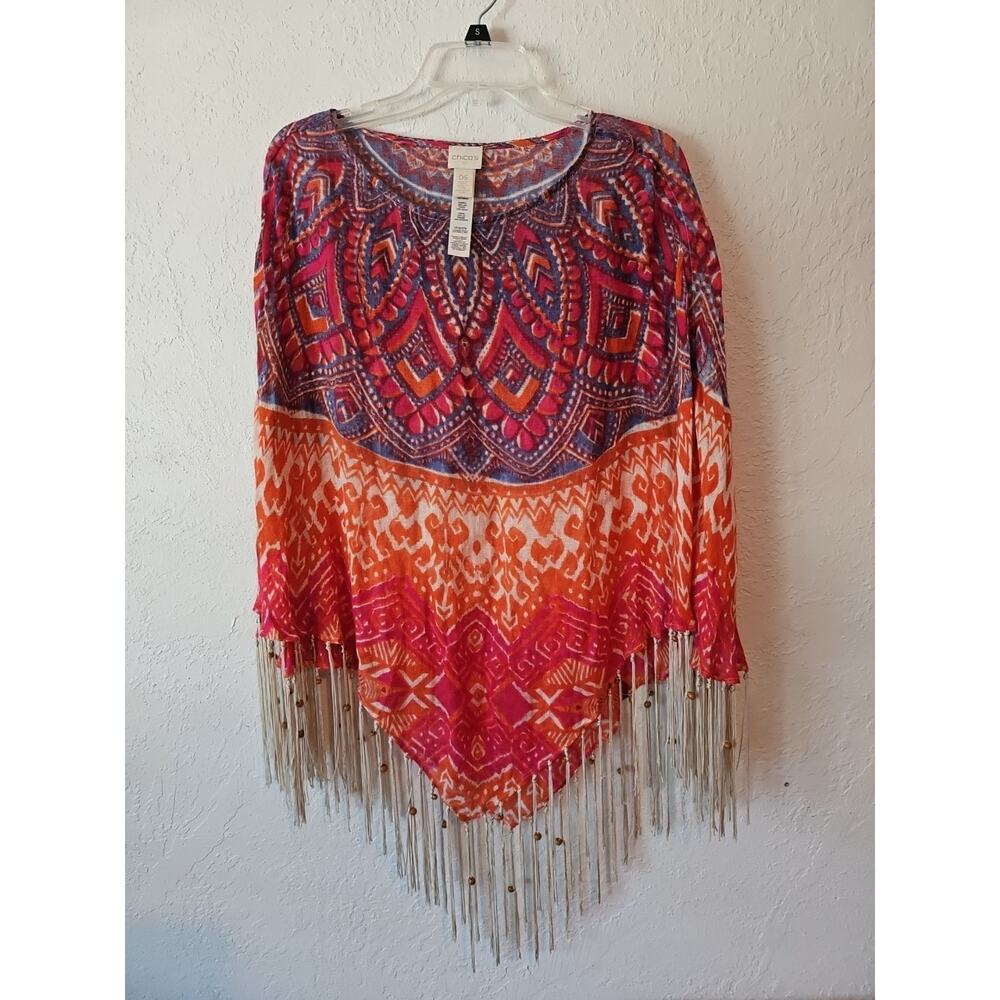 Chico's linen poncho tropical beach Colorful cover-up With Fringe Size One Size